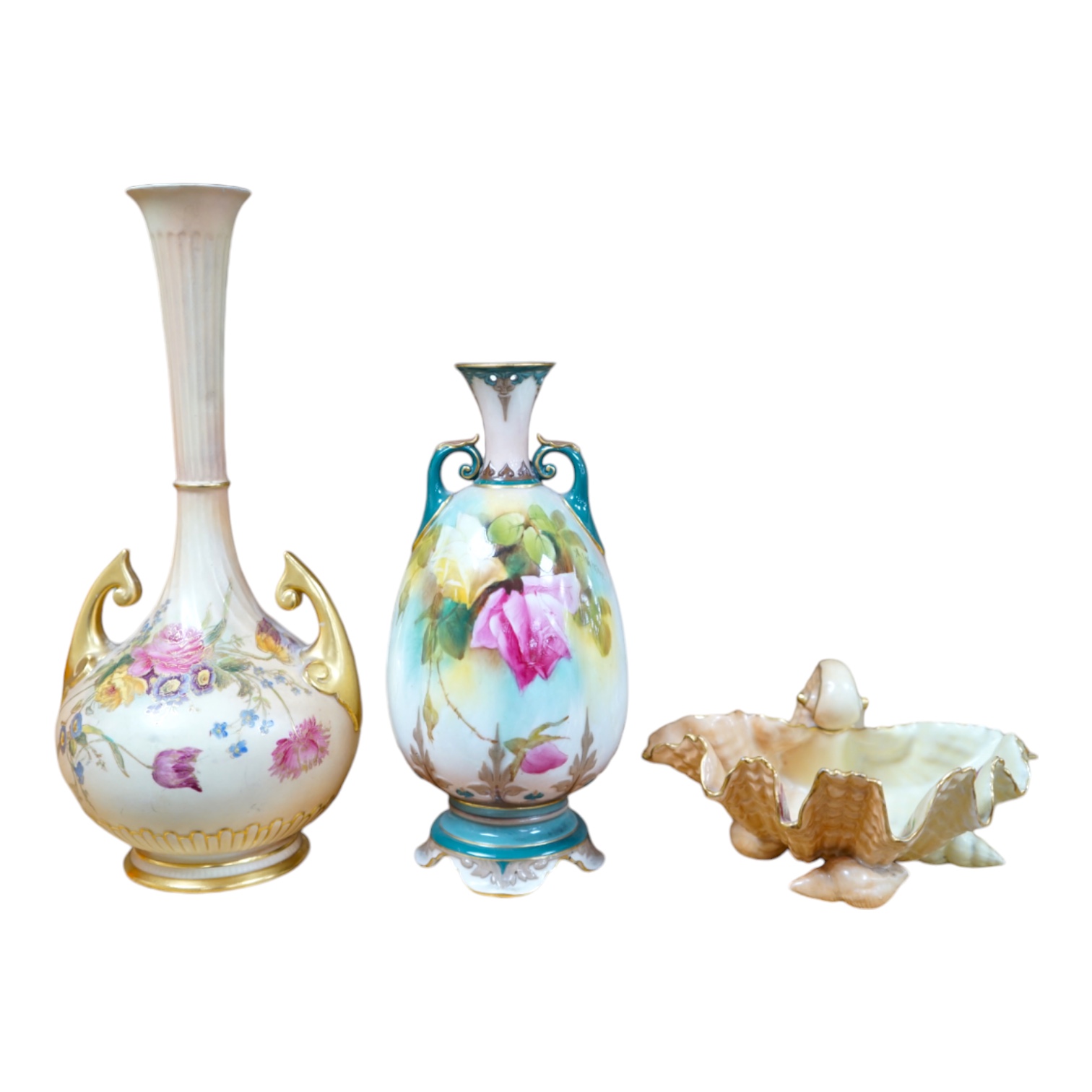 Two Worcester vases comprising blush ivory and one handpainted with roses by A. Watkins, together with a shell dish, largest 25cm high. Condition - largest vase restored